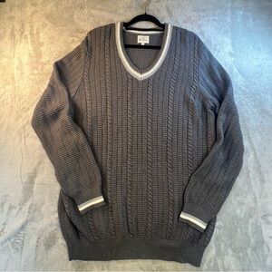 Ben Sherman Mens Gray‎ Cable Knit V Neck Sweater XL Cotton Acrylic Striped Cuffs